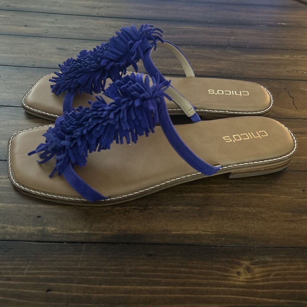 Chico’s Women’s DelRay Blue Suede w Fringe Slide Sandals Size 10.5M